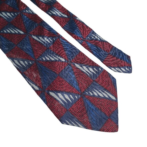 Ondee Designer Vintage Italian Silk Red Blue Geometric Pattern Men Tie Dad Gift - Picture 2 of 5